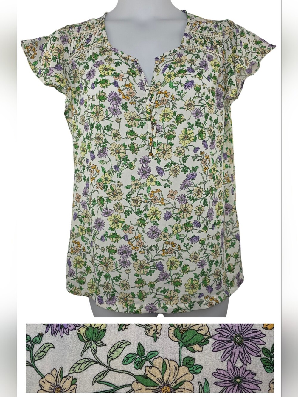 LOFT Sz L White Crochet Detail Floral Print Top Multi Color CY-3766